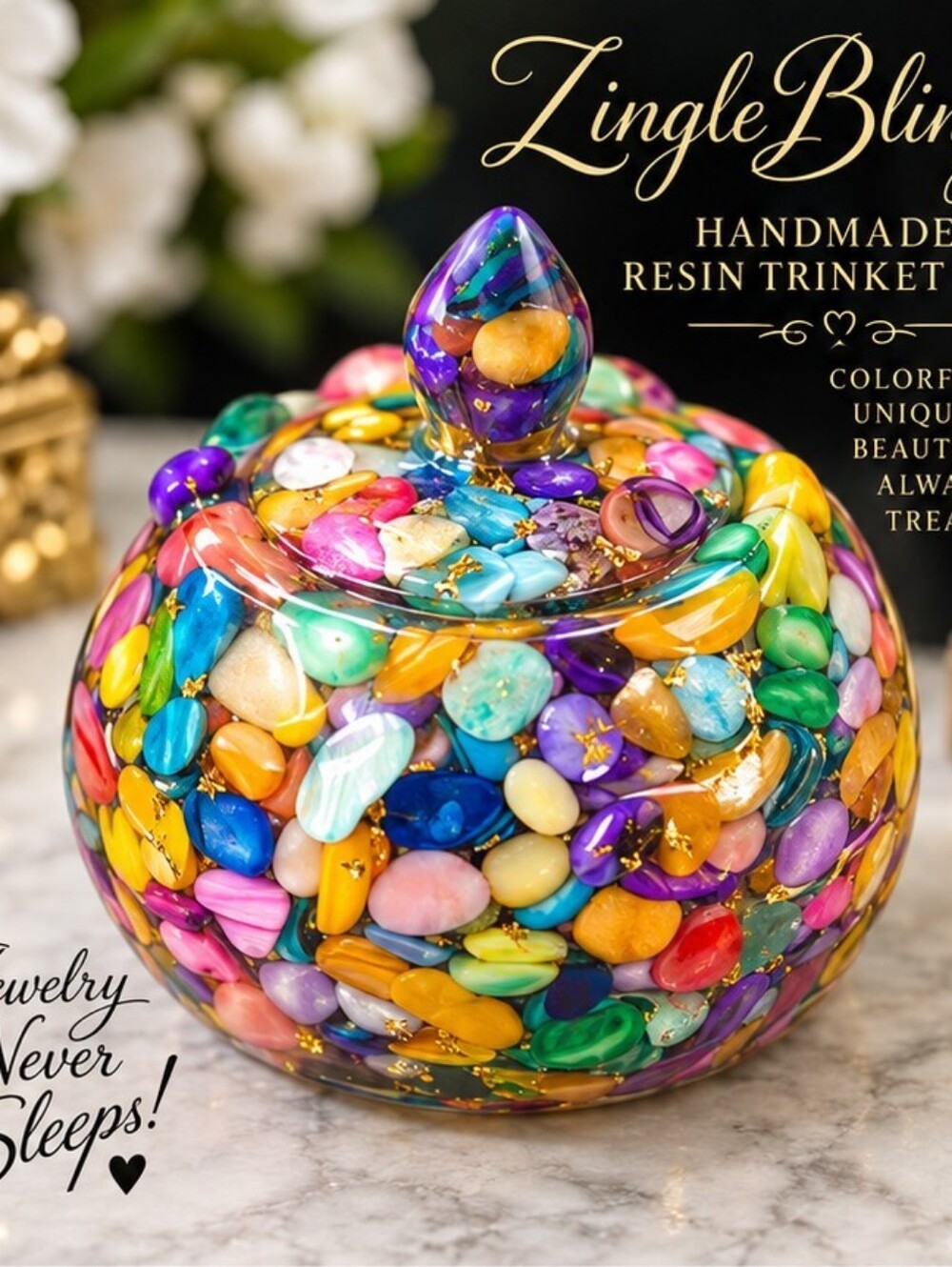 Handmade Resin Trinket Box Multicolor Shell Chips Gold Flakes Jewelry Box